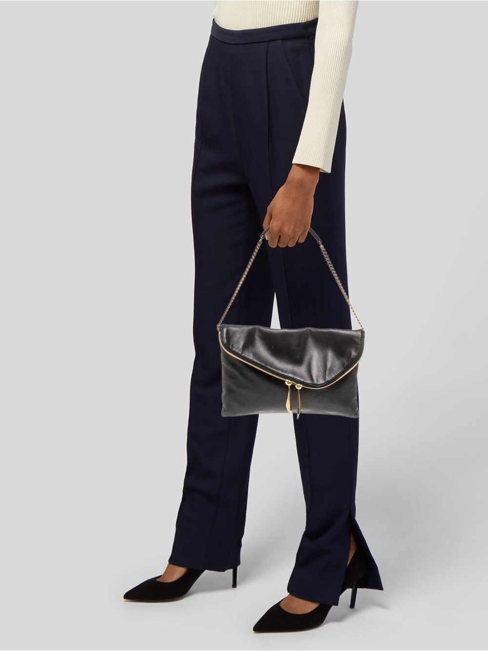 Henri Bendel Black Leather Envelope Shoulder Bag Clutch Gold Chain